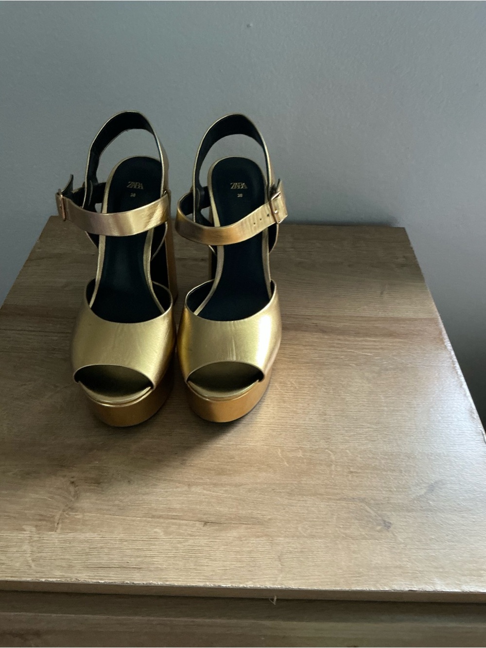 Zara Metallic Gold Platform Peep-Toe Sandals with Ankle Strap